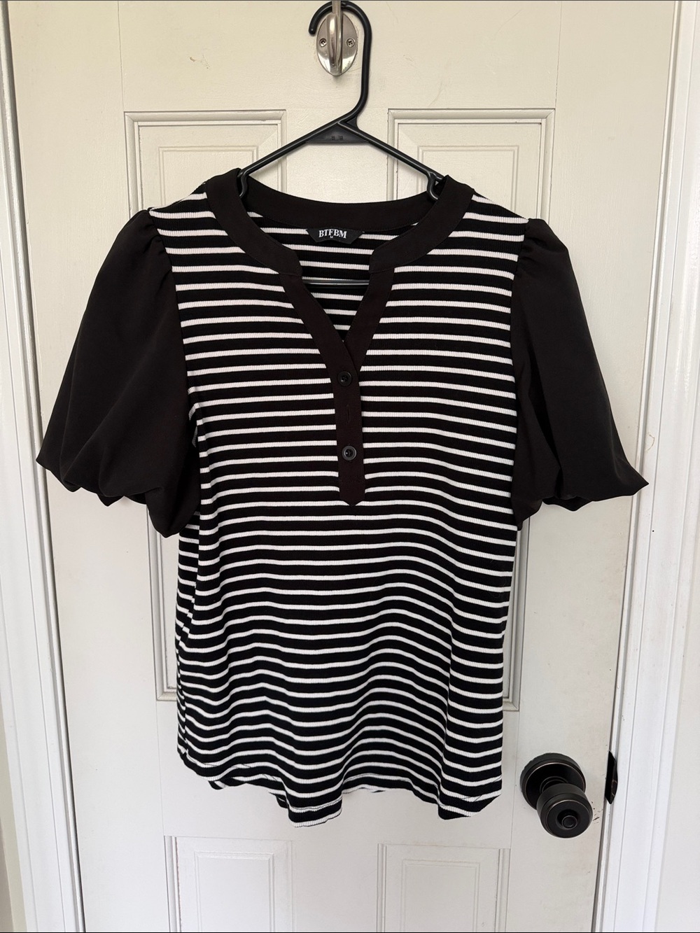 Striped Puff-Sleeve Henley Top in Black & White